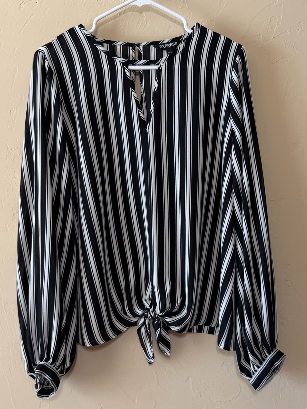 Express Black and White Vertical Stripe Tie-Front Blouse